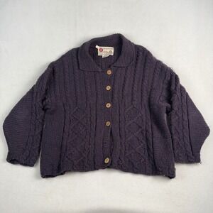 Standun Ireland Merino Wool Aran‎ Cable Knit Cardigan Sweater Purple Womens S
